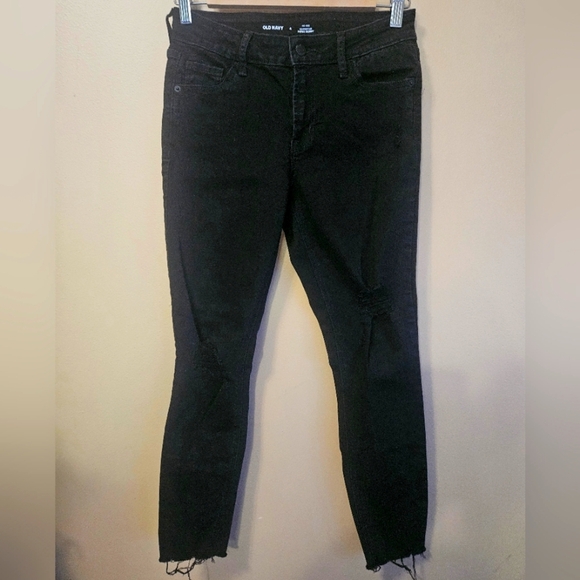 Old Navy Women's Size 4 Mid Rise Rockstar Super Skinny Distressed Raw Hem Black - Picture 1 of 4